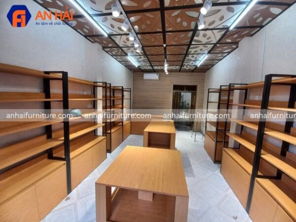 Kệ khung sắt mâm gỗ có hộc tủ