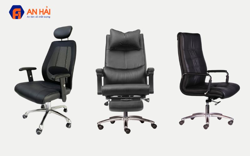 Ghế văn phòng ngả lưng có tựa đầu tay ghế điều chỉnh 2 chiều+Ghế giám đốc màu đen, lưng cao, chân nhôm, 2 cần điều khiển+Ghế giám đốc bọc da cao cấp chân xoay Paula 01 