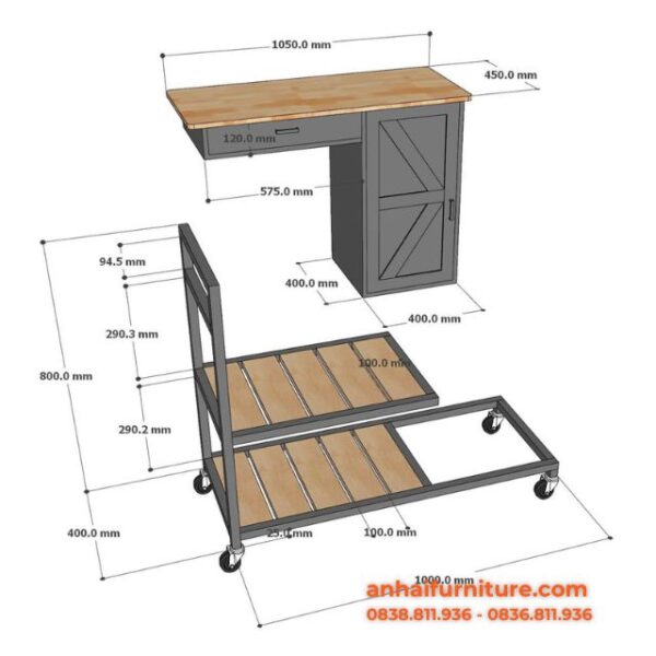 Kệ bếp di động REXO 105x45x95cm gỗ cao su KB001