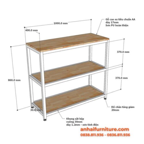 Mô tả chi tiết sản phẩm Kệ bếp NARO 3 tầng 100x40x88cm gỗ cao su KB002