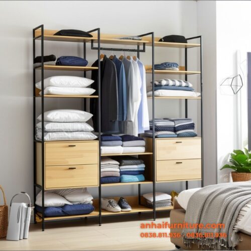 Kệ quần áo có ngăn kéo 200x45x22cm gỗ cao su KQA001
