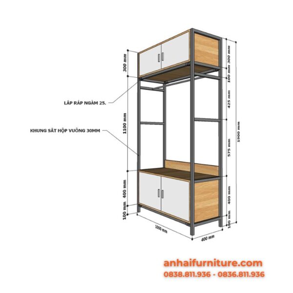 Kệ quần áo 2 hộc tủ 100x40x190cm gỗ cao su KQA002