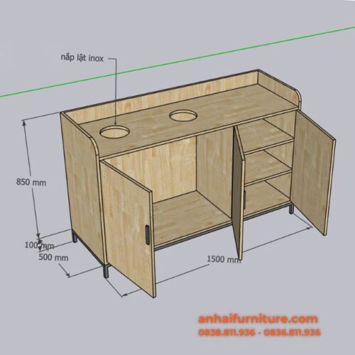 Thông số kỹ thuật chi tiết Tủ đựng rác 2 ngăn 150x50x95cm gỗ cao su TDR001