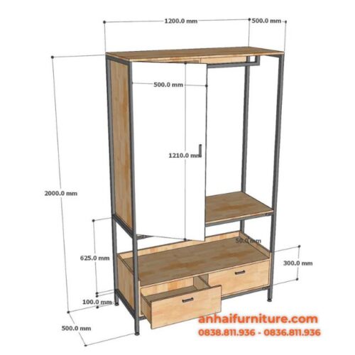 Tủ quần áo 120x50x200cm gỗ cao su TQA001